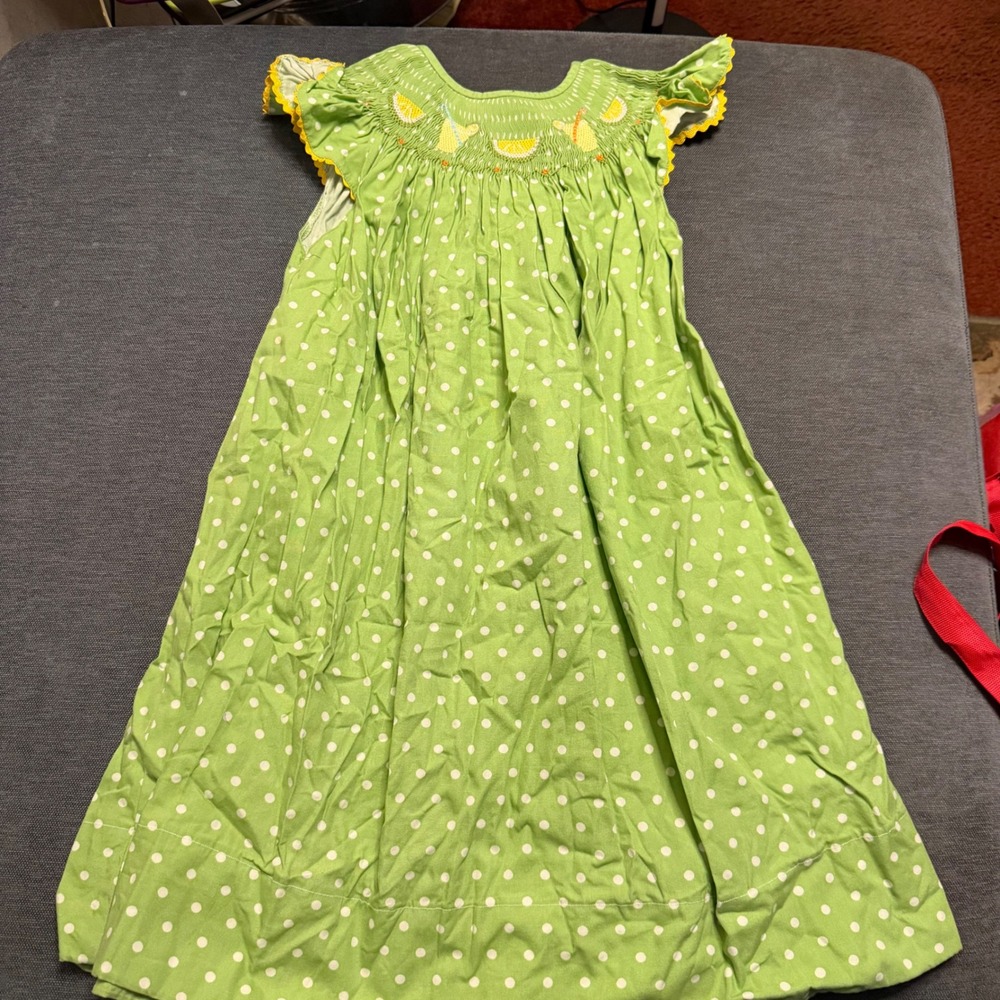 Handmade Girls Smocked Lemonade Dress Green Polka Dot Ric Rac Trim Summer
